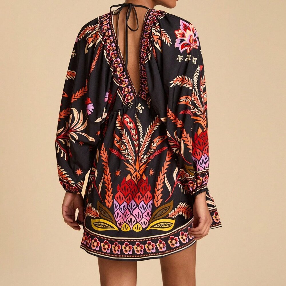 Multicolor Boho Women's Casual  Plant Print Batwing Sleeves Mini Dress - Picture 3 of 7